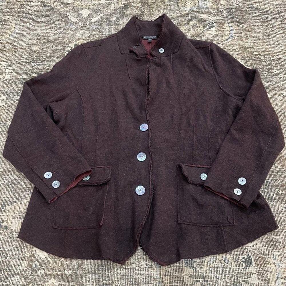 Eileen Fisher Woman 2X Brown Merino Wool Raw Edge Button Jacket Cardigan